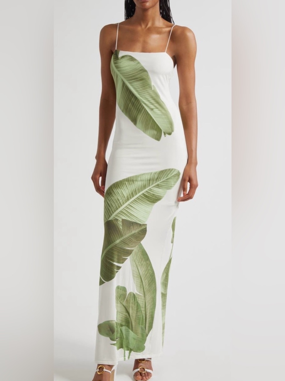 Alice + Olivia White Pencil Dress with Green Leaf Print